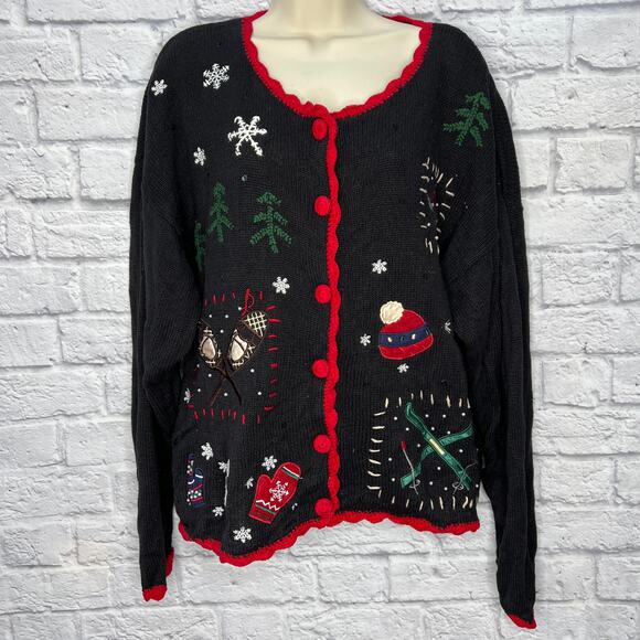 Vintage Basic Editions Christmas Cardigan Sweater Size XL Black Beaded Sequins - Picture 1 of 5